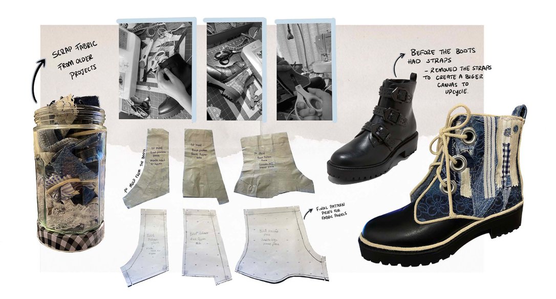 A digital sketchbook spread of written and visual ideas for a lace-up boot design.
