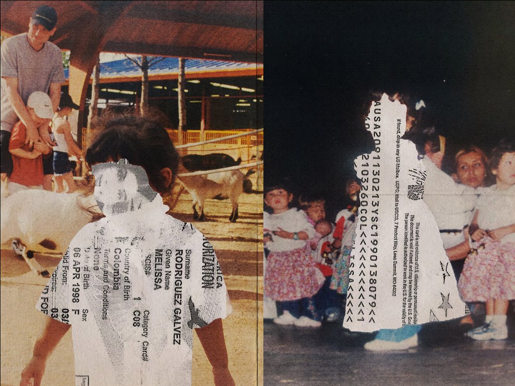 Side-by-side photos of Melissa Rodriguez as a toddler, with copies of immigration paperwork behind the images.