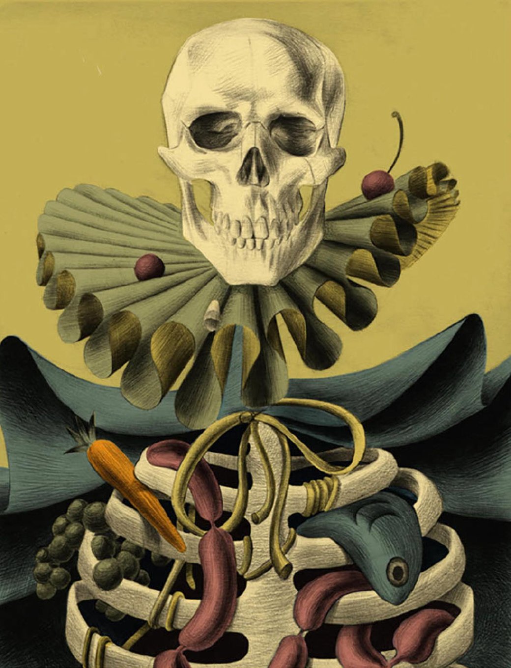 An illustration of a skeleton wearing a ruff and cloak with carrots, sausages, and fish spilling out of its ribcage.