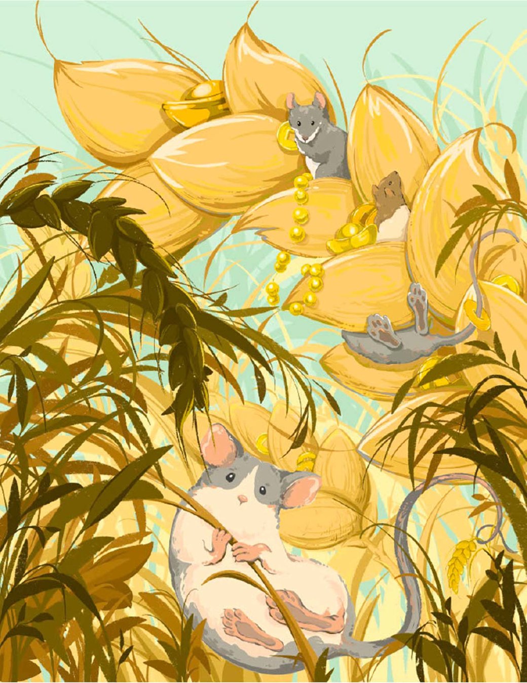 A digital illustration of playful rodents snuggling in a plant, holding coins and jewels.