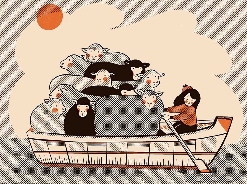 An illustration of a small flock of sheep sitting in a boat with a woman at the bow smiling and rowing.