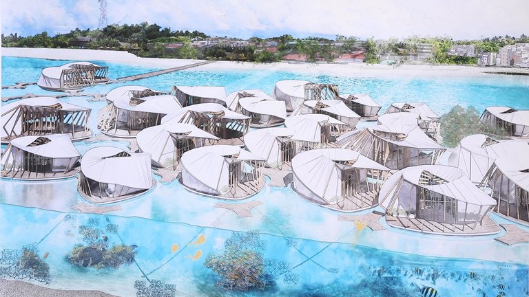A drawn rendering of futuristic dwellings floating on a river with their anchors visible in the water below.