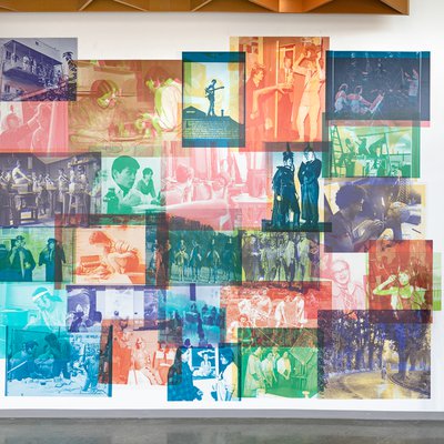 Founders Hall mural in the foyer of the new residence hall