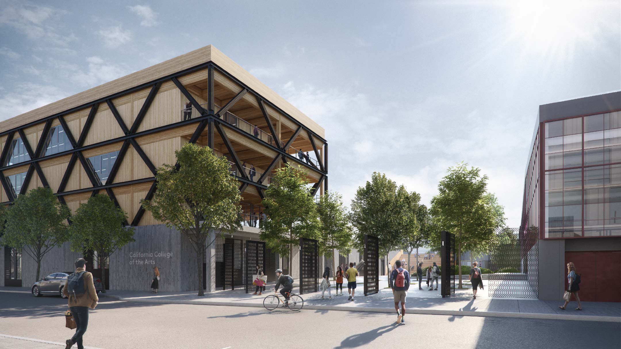 An architectural rendering, or illustration, of the outdoor entrance to CCA’s expanded campus. A building rises on the left as students walk and bike through modernist gates into the campus’s tree-lined plaza.