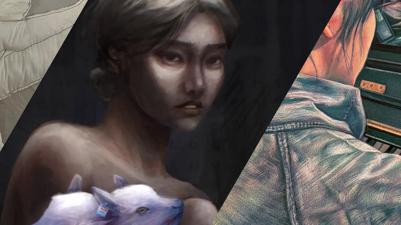 Drawing of a girl holding a two-headed fox alongside an illustration of a person playing the piano.