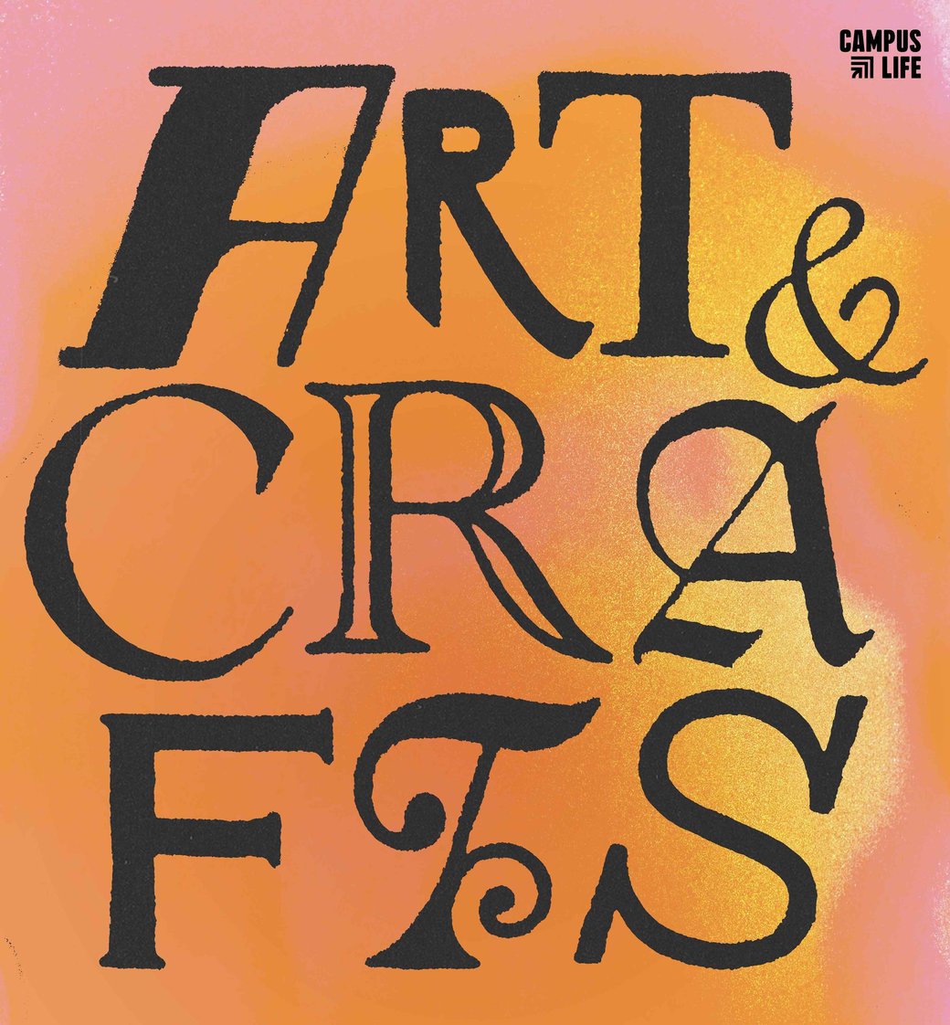 'Arts & Crafts' spelled out using different fonts for each letter, on an orange graident.