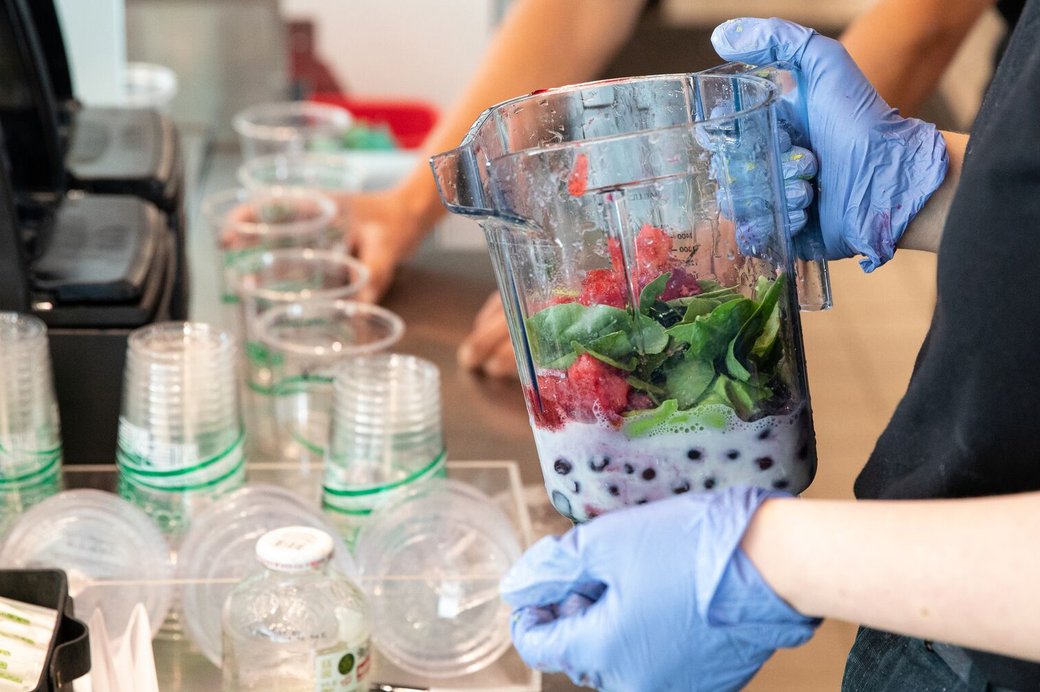 A close up view of a smoothie being made at Makers Cafe.