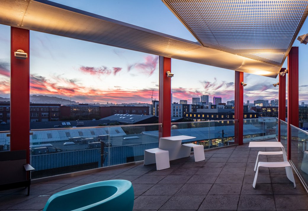 Looking towards downtown San Francisco at sunset from the rooftop deck of Founders Hall.