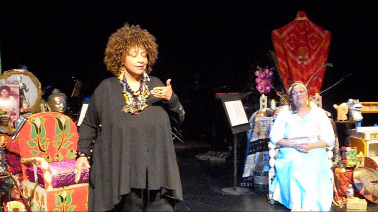 Joyce J. Scott performs in the well received, infamously raucous Thunder Thigh Review in 2012. Her performance partner is Kay Lawal-Muhammad