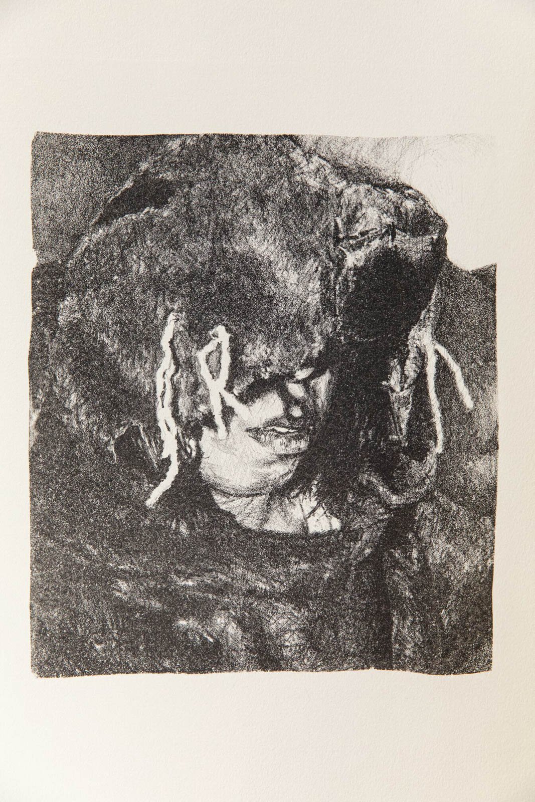 A lithograph of the subject whose lower facial features are visible behind the whiskers of a self-made costume.