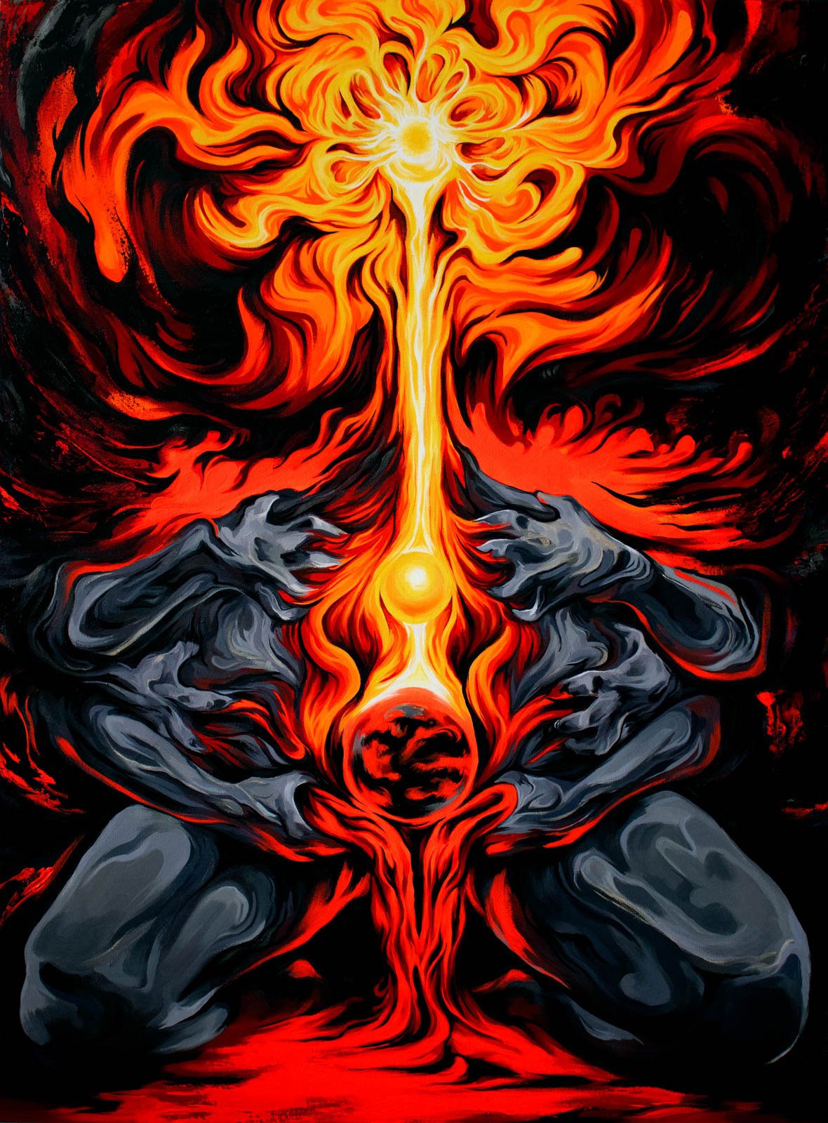 Photo of richly colored orange, red, and black painting of abstract forms.