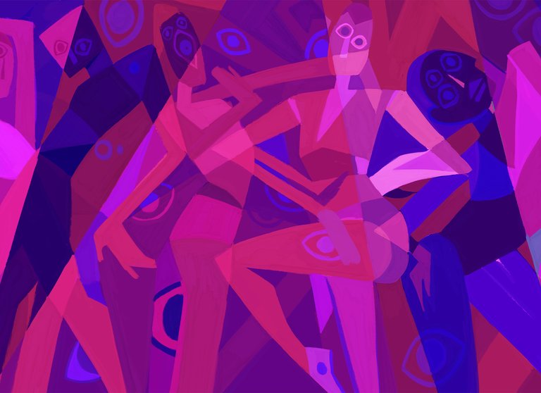 Geometric illustration with abstract figures posing.