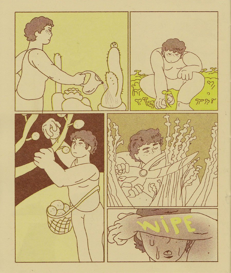 A comic strip of a person tending to their garden with background color themes being brown, green, and beige.