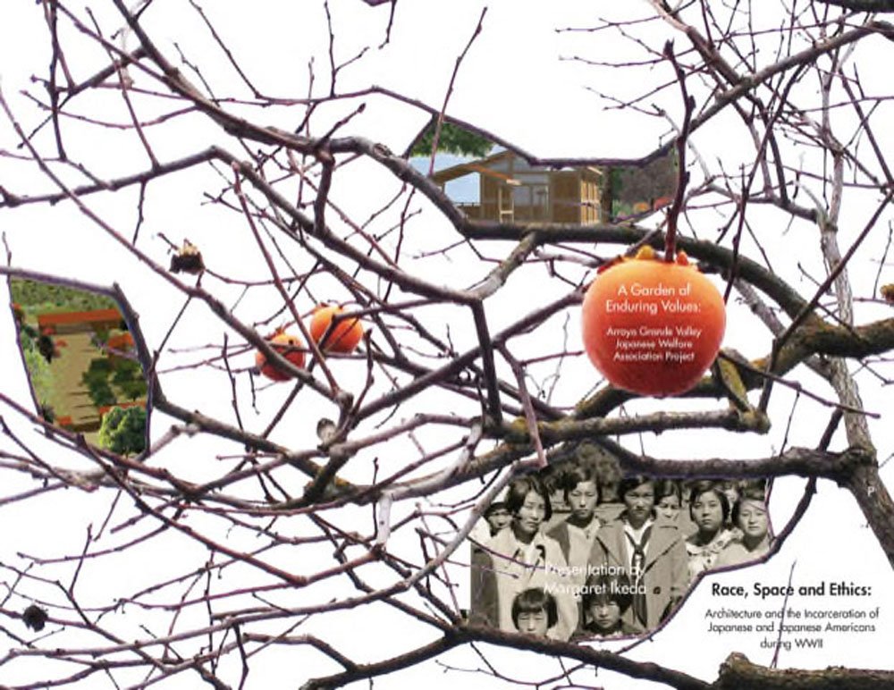 Tree branches with persimmon fruit and images in between branches.