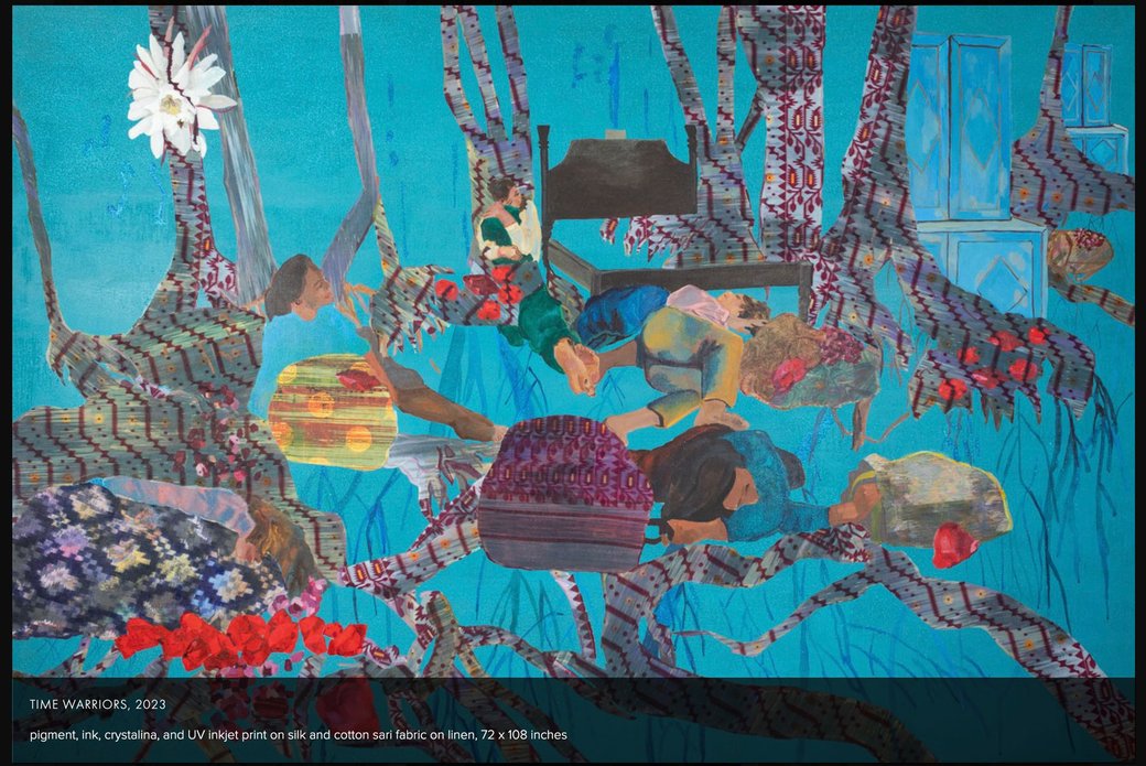 Figures of people lying down with textured growing tree roots in a teal background printed on silk and cotton.