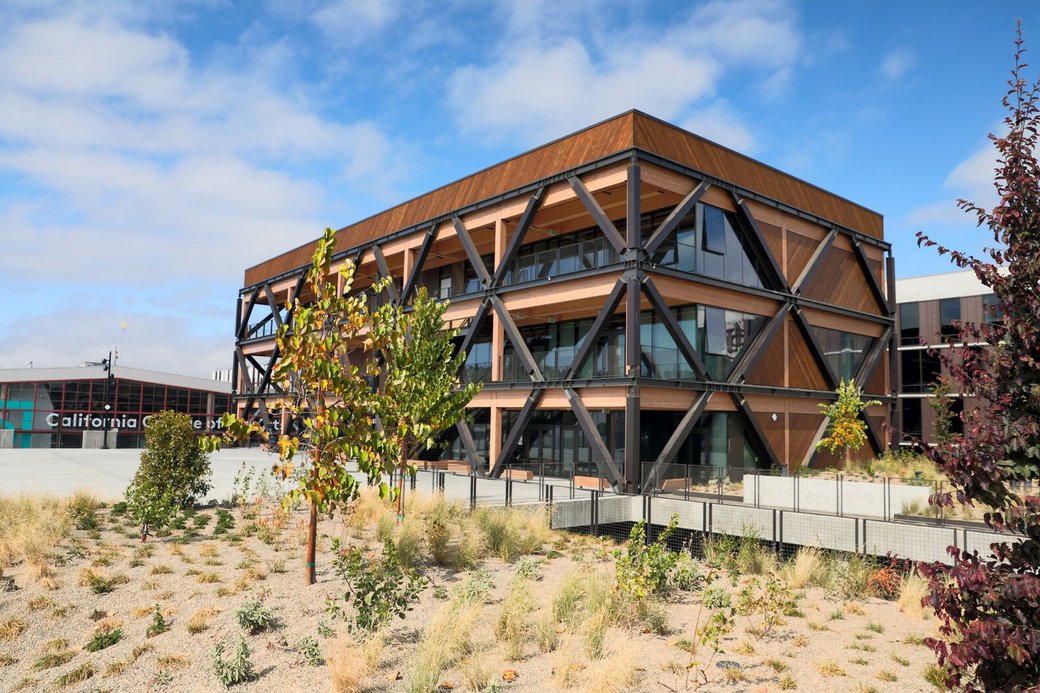 Gardens and walkways in front of CCA's new building.