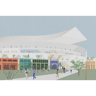 An architectural drawing shows students walking along a path with a futuristic building in the background.