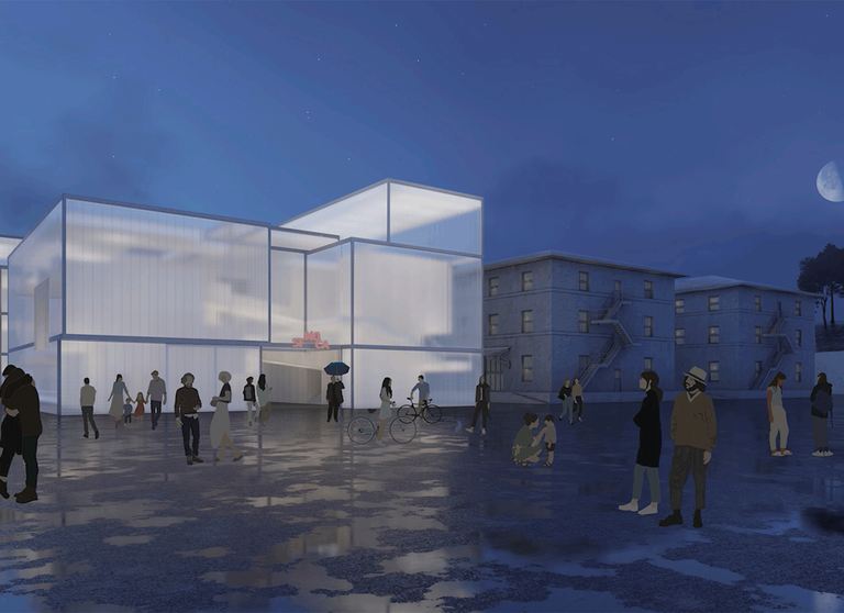 A still image of people of various ages and genders standing outside a white, lighted structure at night in the rain.