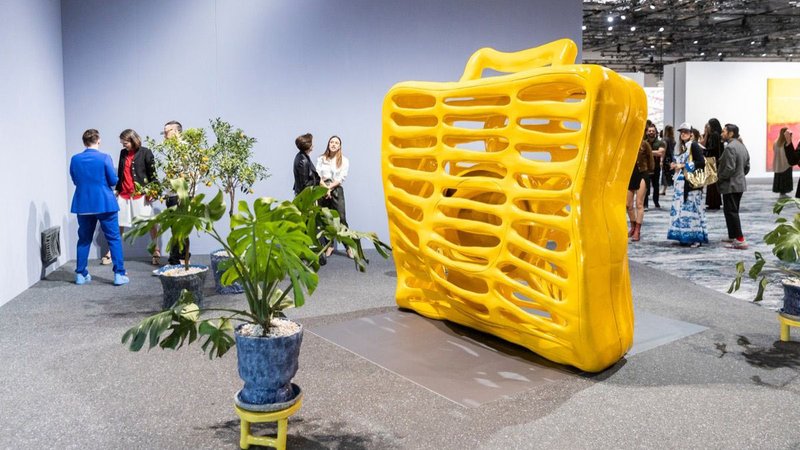 Installation view of Woody De Othello, Cool Composition, 2019, in Jessica Silverman and Karma Gallerys' booth, at Art Basel in Miami Beach, 2019. Courtesy of Art Basel, Karma Gallery, and Jessica Silverman Gallery.