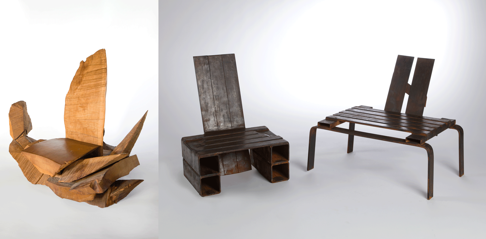 Wooden works by Shuta Kobayashi.