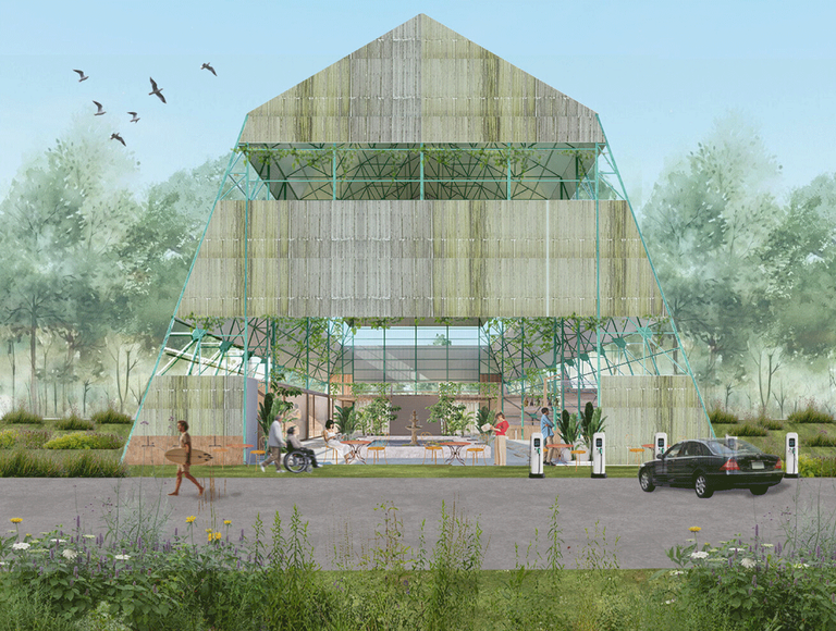 A sustainable community pavilion with a bamboo-clad pyramidal steel frame structure, featuring an open ground-floor gathering space with seating, greenery, and EV charging stations in a naturalistic landscape setting.