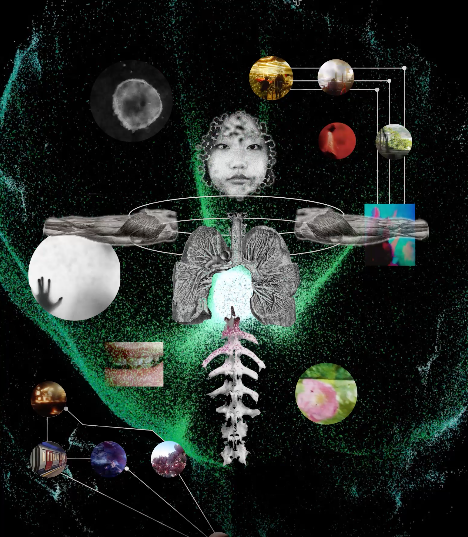 A surreal collage of a human figure surrounded by orbital rings with planets, fishbowls, and anatomical elements in space.