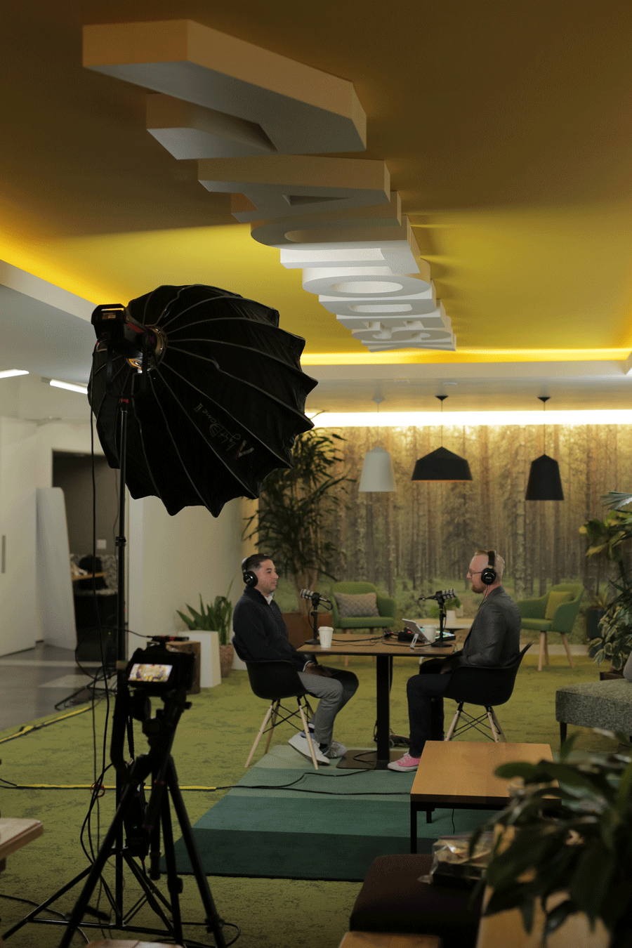 A podcast video shoot setting.