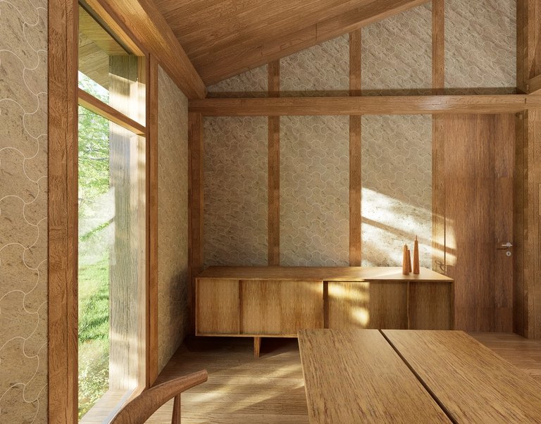 Interior view of a wooden A-frame cabin room with exposed timber beams and rafters, textured wallpaper with a scalloped pattern on the walls.