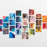 A rainbow-colored collage of paintings featuring various facial features