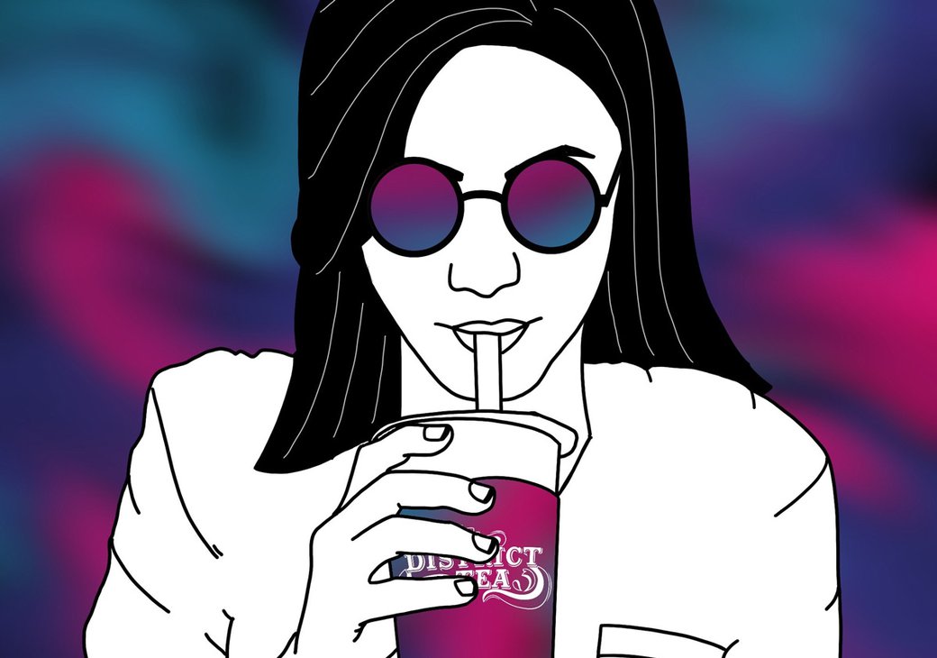 Multi-colored illustration of a woman wearing sunglasses and drinking bubble tea. Illustration by Priya Rajaraman.