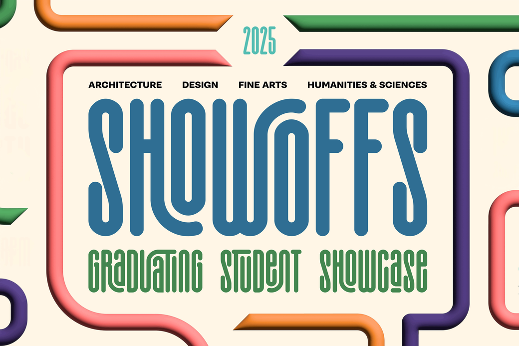 Poster for the 2025 Showoffs Graduating Student Showcase by California College of the Arts on May 16th, 5-8 pm with event details and colorful curved lines.