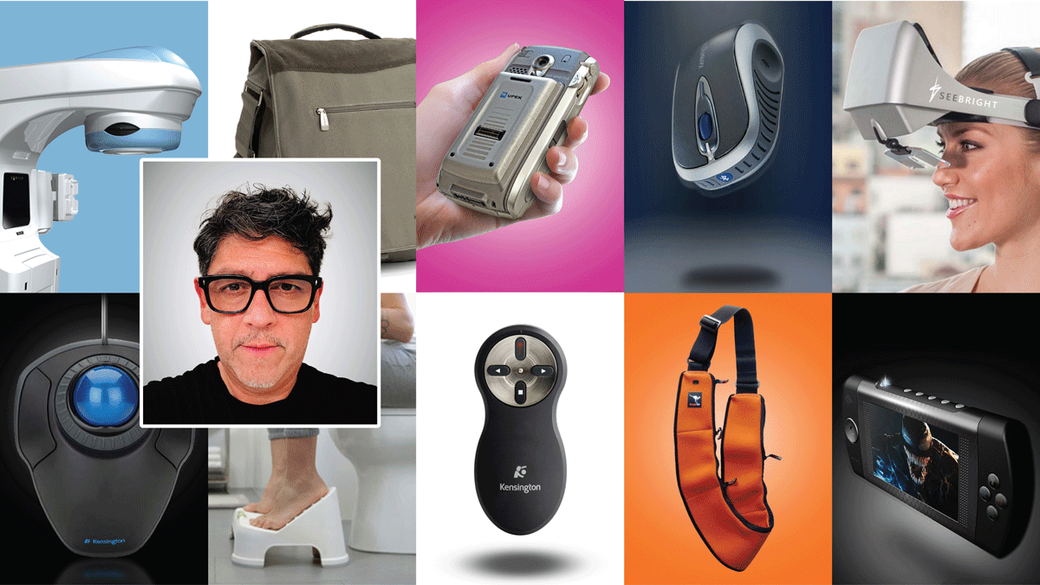 A collage of diverse consumer tech and medical product designs surrounding a portrait of a man in red-framed glasses.