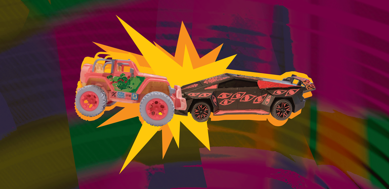 Event graphic for “Fans of Democracy: Election Night Demolition Derby.” On the left, a pink toy Jeep painted with dollar signs and logos for X, Salesforce, and OpenAI crashes into a black toy Cybertruck covered in pink painted eyes, set in a yellow comic-style explosion. The title appears on the right in white, red, and blue lettering with star-studded banner stripes, over a blurred magenta and green background.