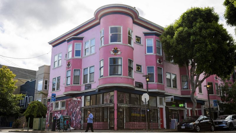 A pink building painted by Bob Buckter, also known as Dr. Color, is seen at 1102 Treat Ave., in San Francisco’s Mission District on Oct. 8, 2025.