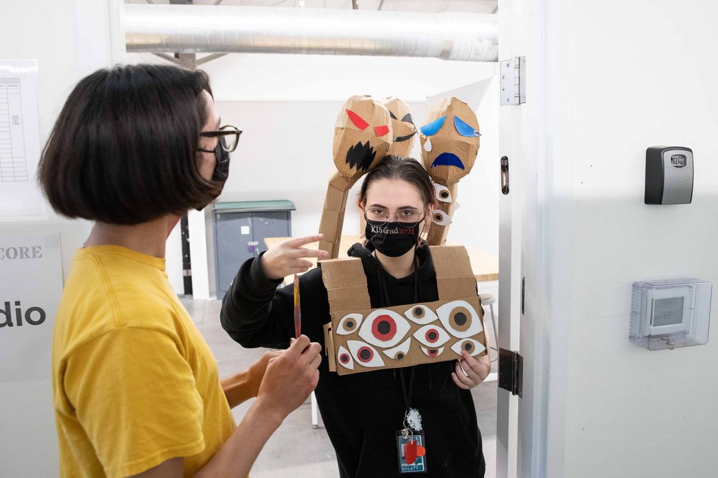 First year students making artwork in the studio.