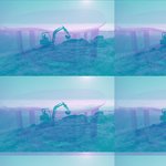 A fluid shaped table and a landscape photo of a crane in action are overlayed and in a tiled pattern.