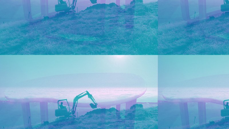 A fluid shaped table and a landscape photo of a crane in action are overlayed and in a tiled pattern.
