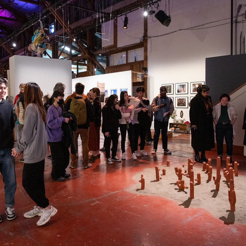 Opening reception photo for the Fine Arts Senior Exhibition.