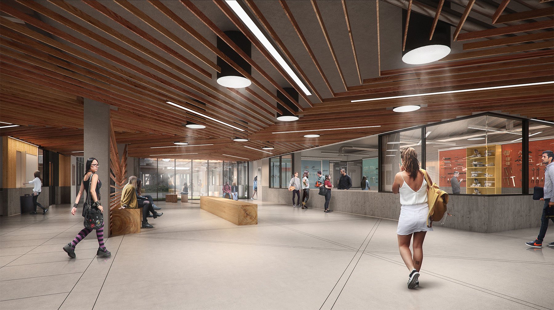 An architectural rendering, or illustration, of Double Ground’s first floor, which shows adjoining studio spaces and an equipment check-out area.