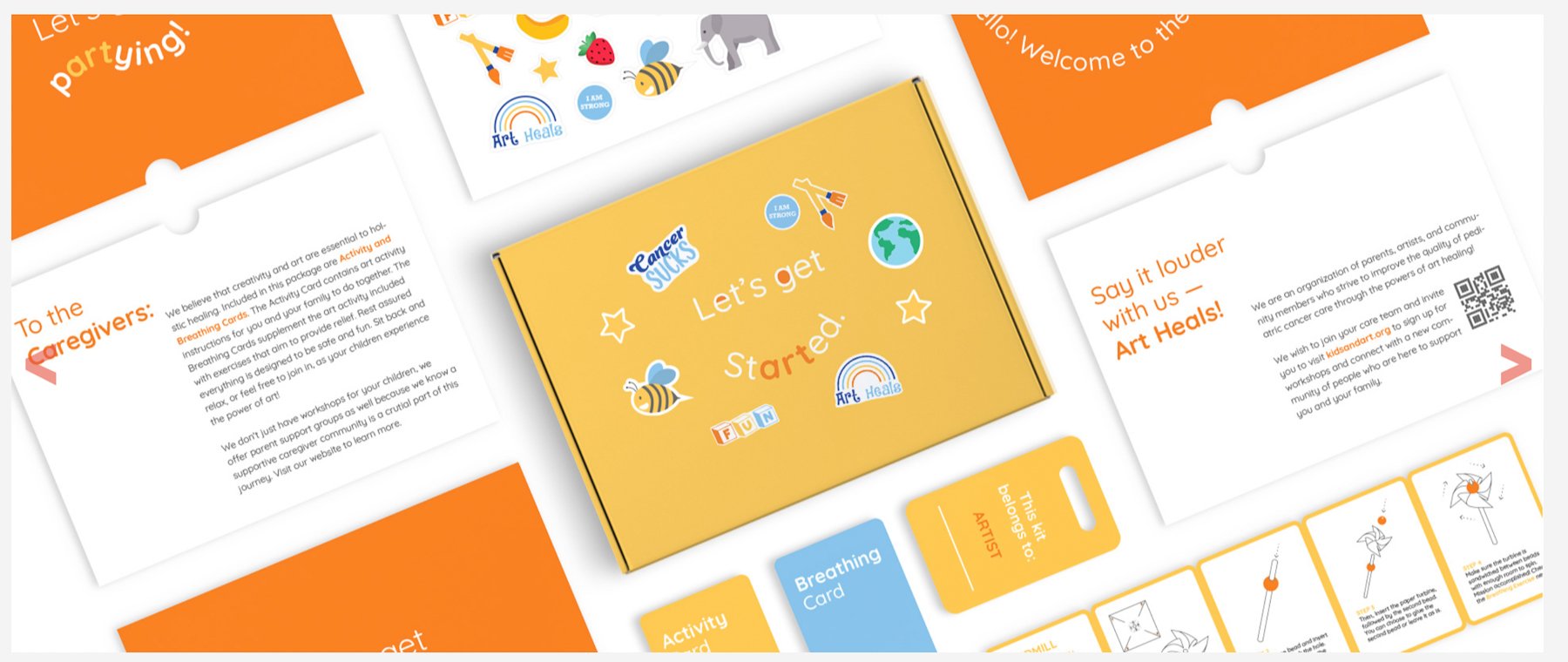 A mockup of a kit with stickers that say “Let’s get started” and “Art heals” and “Cancer sucks.”