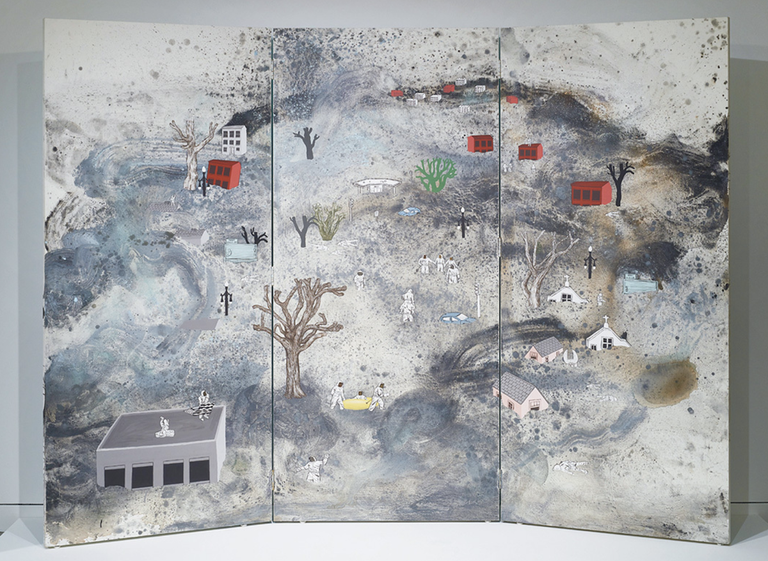 A mostly gray landscape painting on a tri-fold screen. Red buildings and a dead tree appear in the painting.