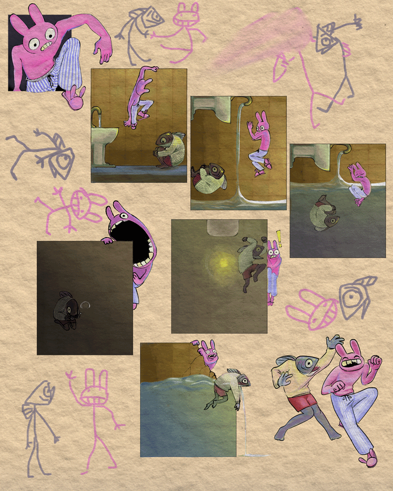 A comic collage depicting a pink cartoon rabbit escaping through levels while being chased by a guard.