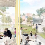 Drawing of people of all ages and ethnicities gathering for picnics and barbecues in a green space surrounded by houses.