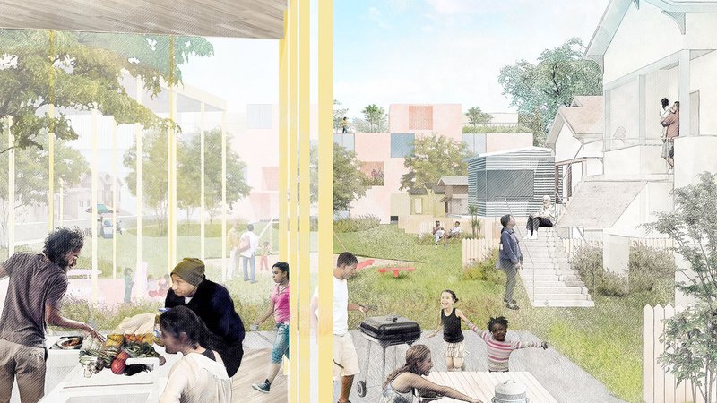 Drawing of people of all ages and ethnicities gathering for picnics and barbecues in a green space surrounded by houses.