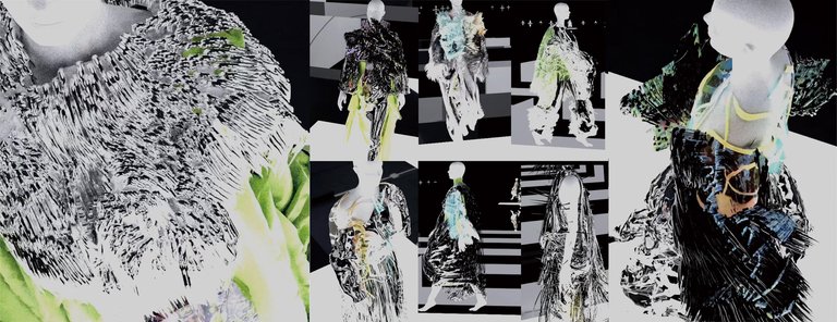 A collage of the Digital Fashion collection showing different angles and textures of the pieces in a black and white background.