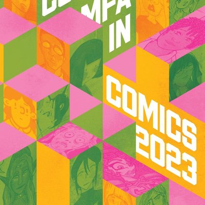A colorful graphic with the stylized diagonal text CCA MFA in Comics 2023.