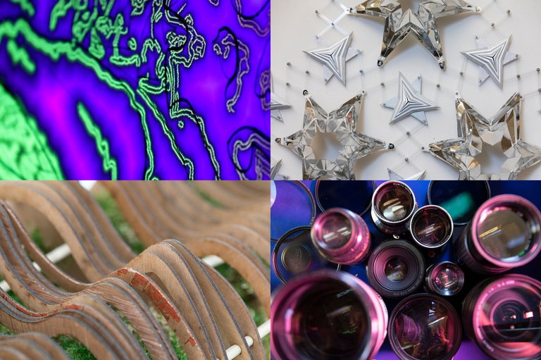 Four macro stills of products that come from art and technology.