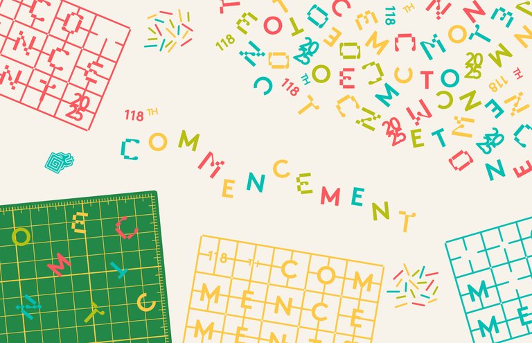 Graphic with “118th Commencement” in pink, green, yellow, and teal letters, alongside a green cutting mat and letter grids against a cream-colored background.