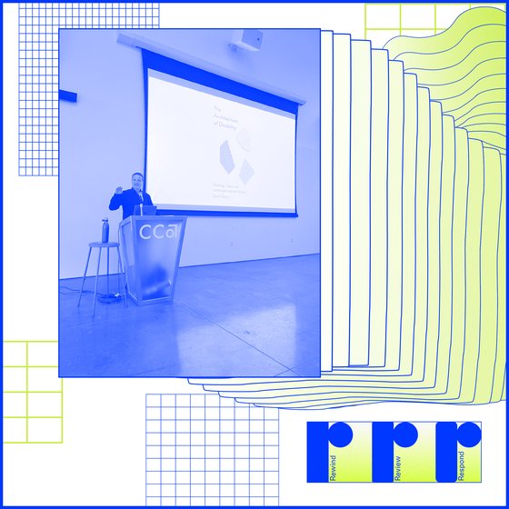 Yellow and blue grid float around an image of someone speaking at a podium.