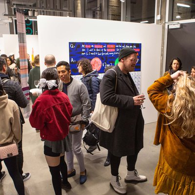 students socializing during the Barclay Simpson Award Opening, 2019.